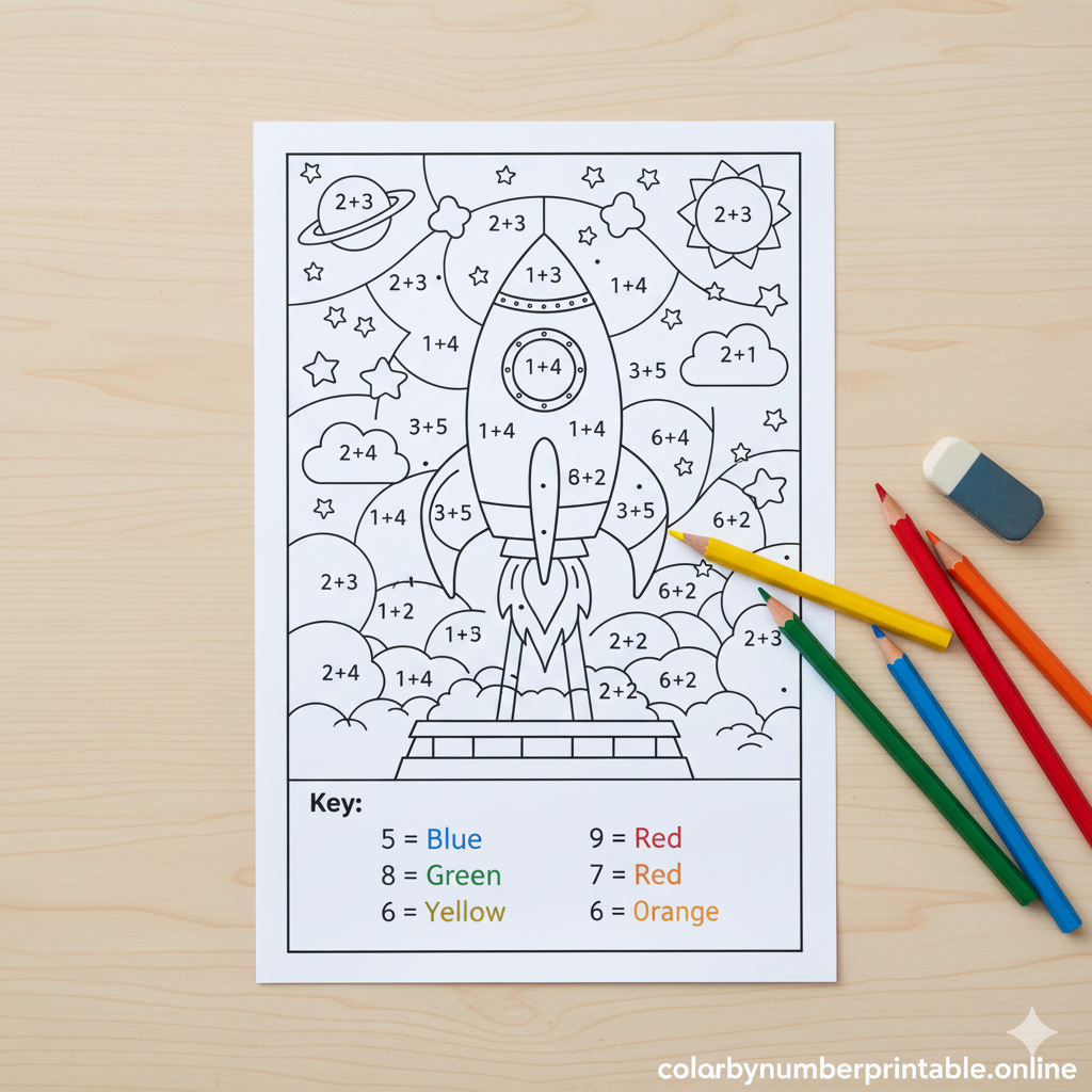 Math addition color by number worksheet for elementary kids, linking math problems to color sections, bright colors, and easy-to-read numbers